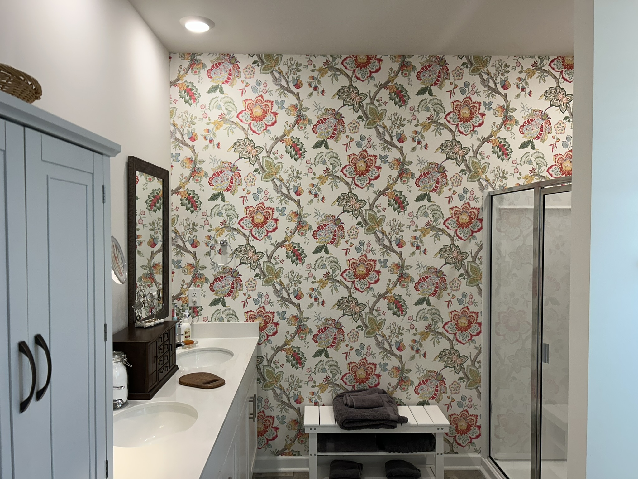 Custom accent wall with designer wallpaper in modern living space